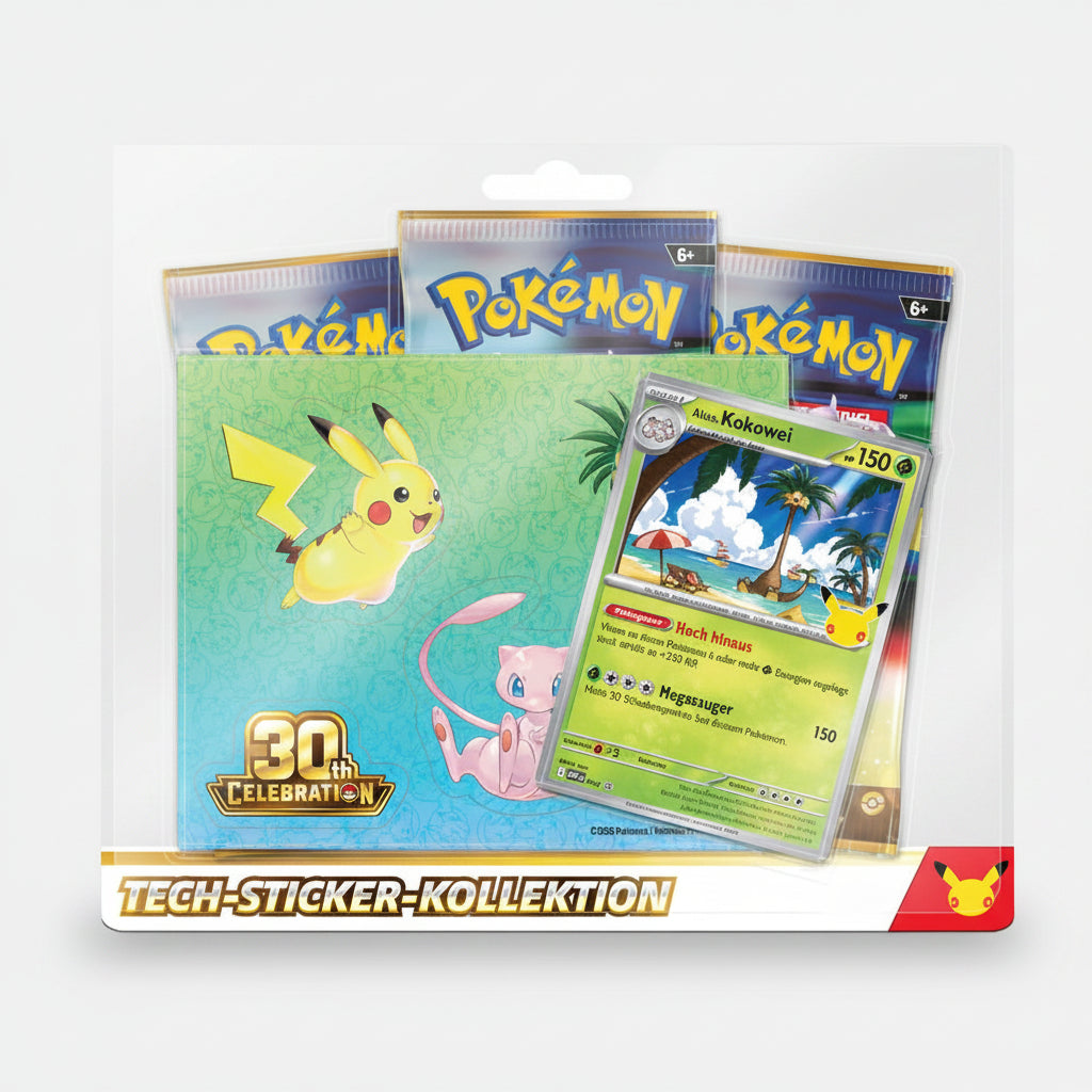 Pokémon 30 Jahre Tech-Sticker-Kollektion mit Promokarte, Stickerbogen und 3 Boosterpacks