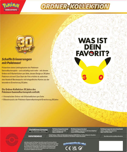 Rückseite der Pokémon 30 Jahre Ordner-Kollektion mit Inhaltsangabe