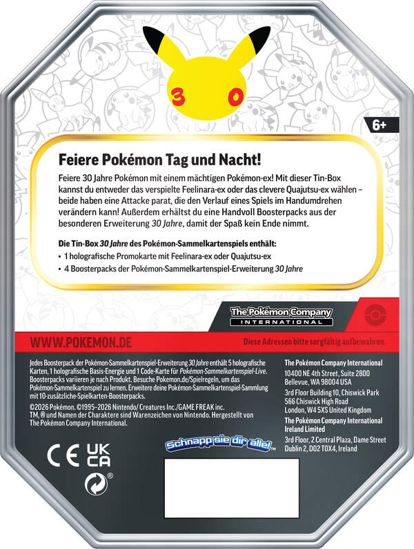 Rückseite der Pokémon 30 Jahre Tin-Box Tag mit Inhaltsangabe