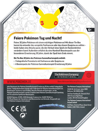 Rückseite der Pokémon 30 Jahre Tin-Box Nacht mit Inhaltsangabe
