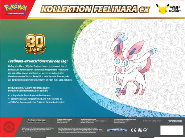 Rückseite der Pokémon 30 Jahre Kollektion Feelinara-ex mit Inhaltsangabe