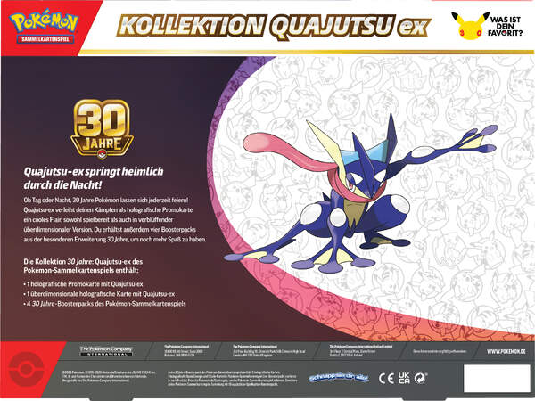 Rückseite der Pokémon 30 Jahre Kollektion Quajutsu-ex mit Inhaltsangabe