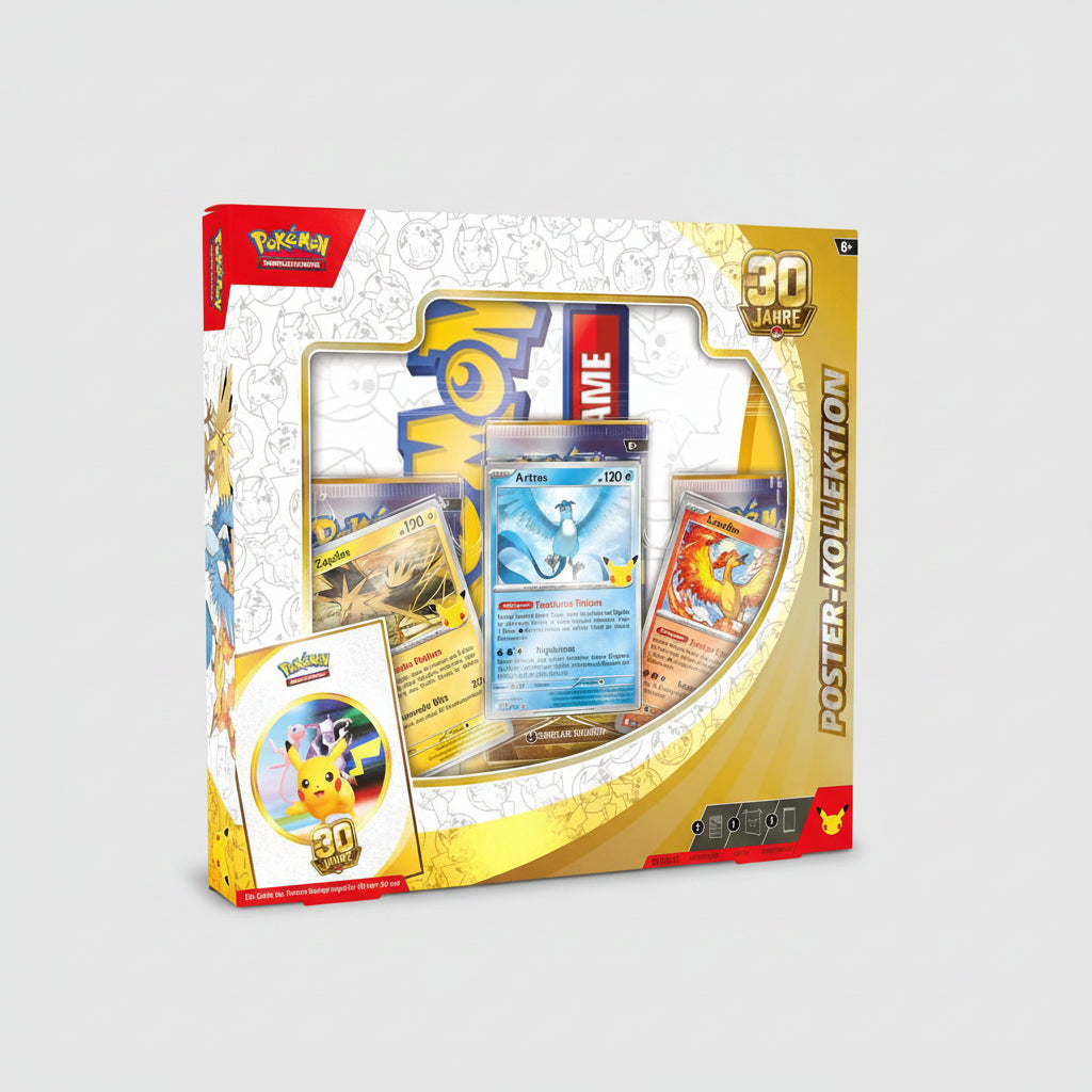 Pokémon 30 Jahre Poster-Kollektion mit Arktos, Zapdos und Lavados Promokarten, Poster und 3 Boosterpacks