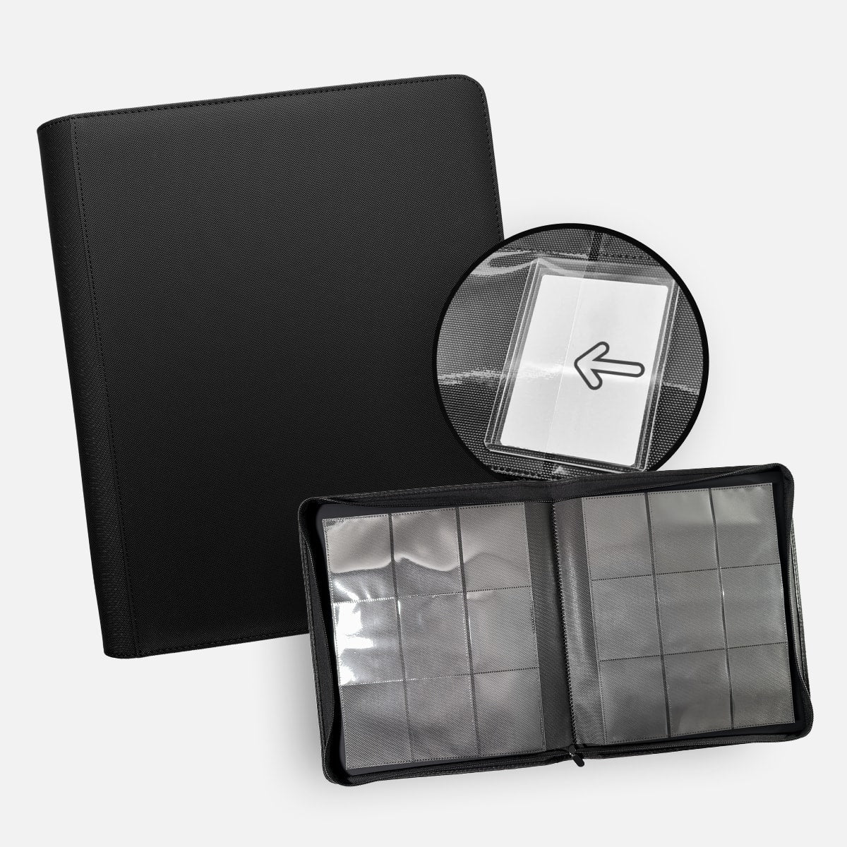 TCG Guru 9-Pocket Toploader Binder Xenon in Schwarz mit umlaufendem Reißverschluss